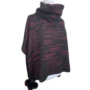 Libby Edelman Black Burgundy Tassel Sweater Poncho Wrap OS